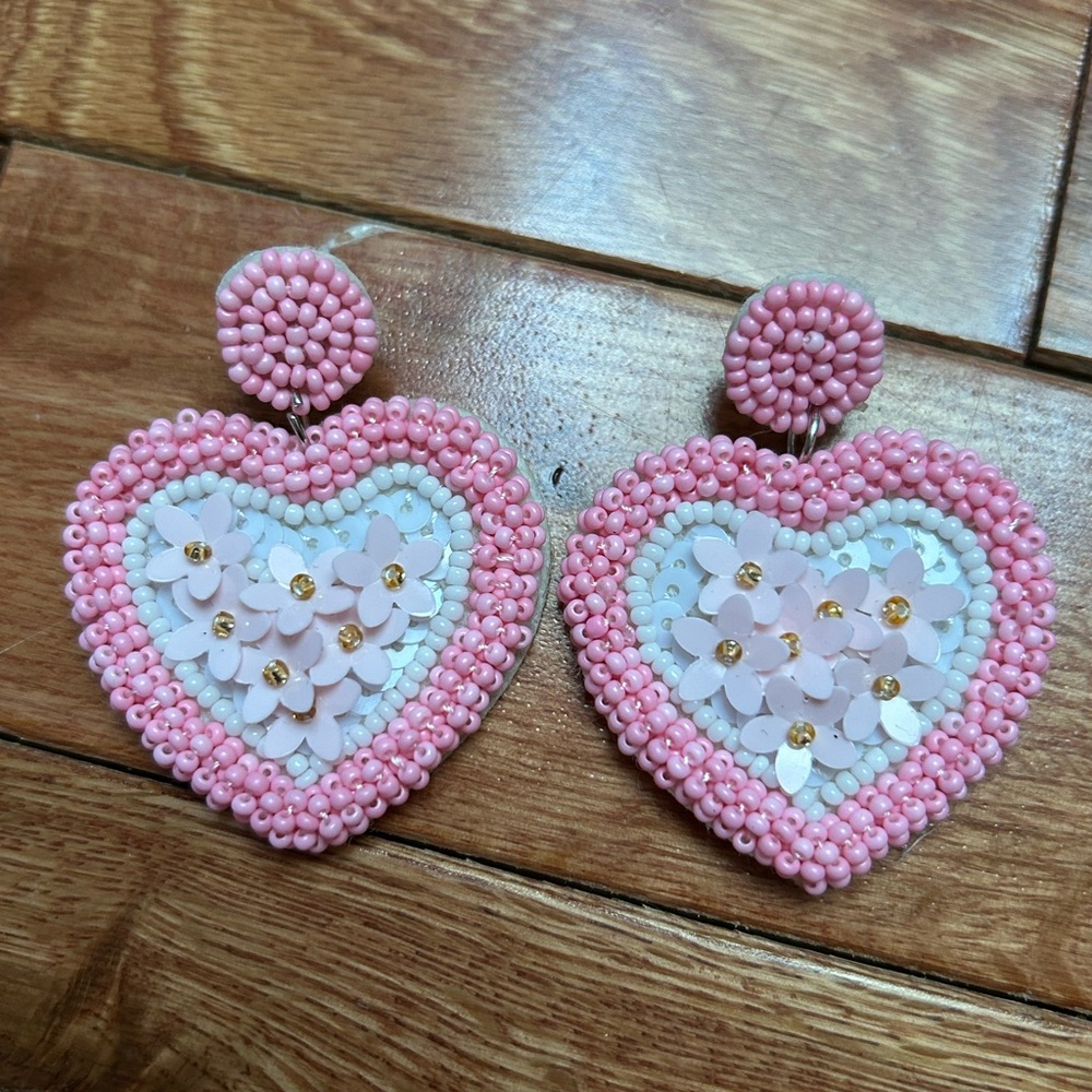 Valentines Pink Heart Floral Seed Bead Dangle Earrings- Perfect Gift!